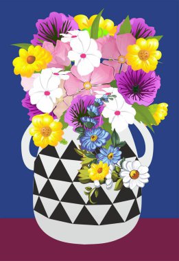 Siyah ve beyaz bir vazoda renkli çiçeklerin bileşimi 