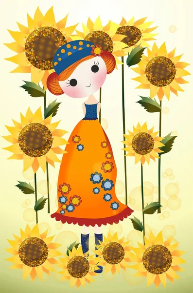 Composition Girl Who Walks Sunflowers — Stock Vector
