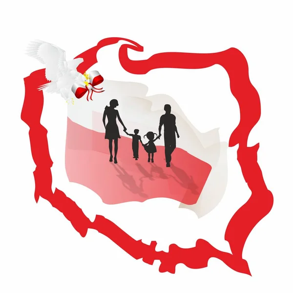 ポーランドの輪郭と歩く家族との赤と白の構図 — ストックベクタ