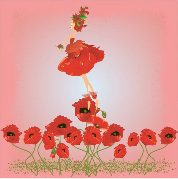 Composition Girl Who Moves Red Poppies — Stock Vector