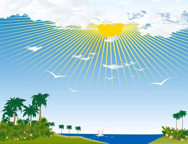 Kompozice Zobrazující Záliv Palmami Pozadí Slunce — Stockový vektor
