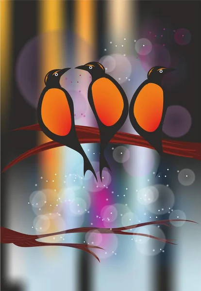 Composition Showing Three Black Orange Birds Sitting Branch — Stock Vector