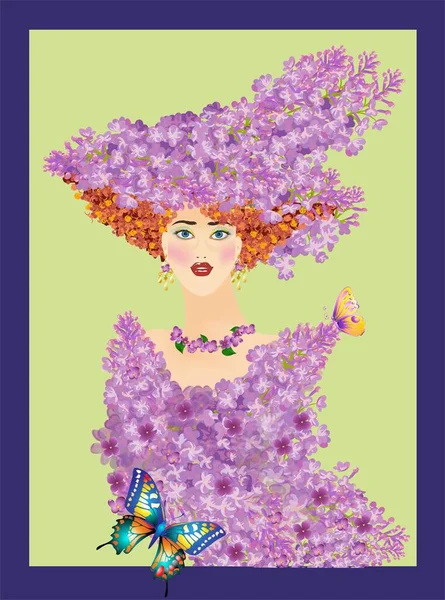 Composition Woman Wearing Lilacs Two Butterflies — Stock Vector