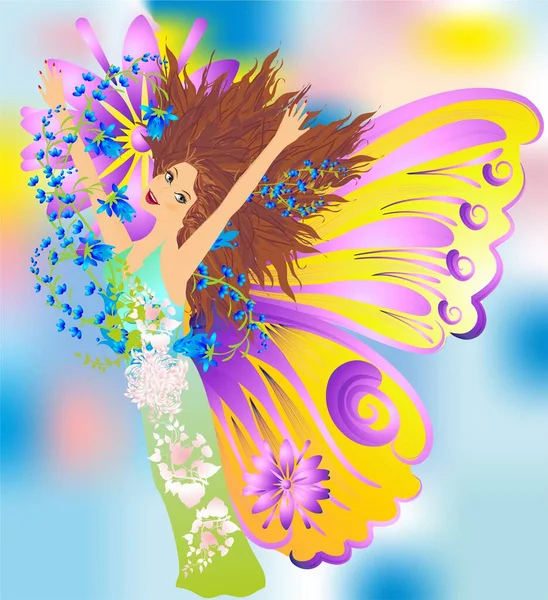 Composition Woman Butterfly Wings Who Surrounded Flowers — Stock Vector