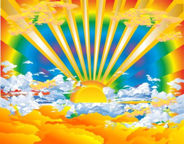Güneş, ışınlar ve bulutlarla soyut bileşim 