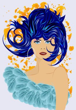  Deniz mavisi saçlı bir kadının yüzüne sahip bir kompozisyon. 