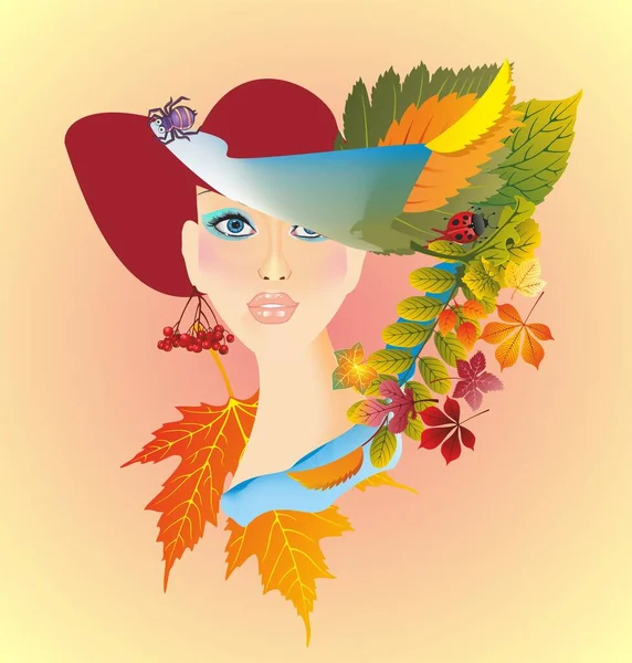 Composition Portrait Woman Autumn Twigs Leaves — Stock Vector