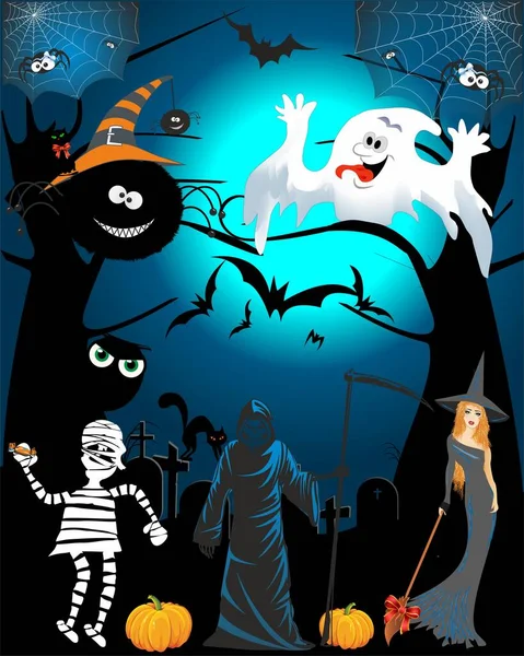 Divertida Composición Halloween Con Fantasma Murciélagos Gato Arañas Personajes — Vector de stock