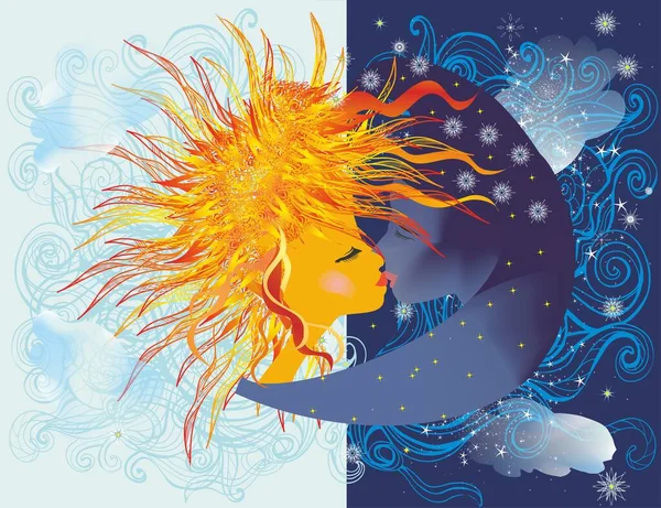 Composición Con Sol Mujer Luna Hombre Sobre Fondo Azul — Archivo Imágenes Vectoriales