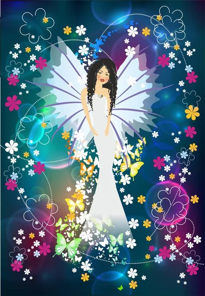 Composition Young Woman Angel Who Stands Flowers Butterflies — Stock Vector