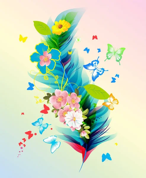 Composition Colored Feather Colored Flowers Butterflies — Stock Vector