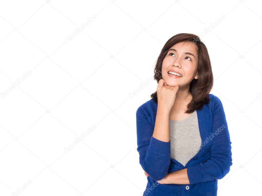 Asian woman thinking and happy in casual clothes 