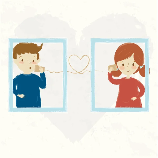 Söt par flicka och pojke pratar kärlek med plåtburk-telefon. — Stock vektor