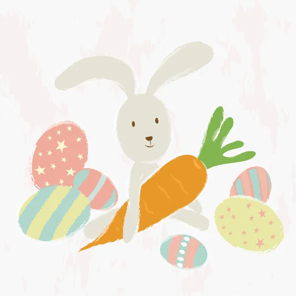 Пасхальный кролик с морковью и украшенными яйцами . — стоковый вектор