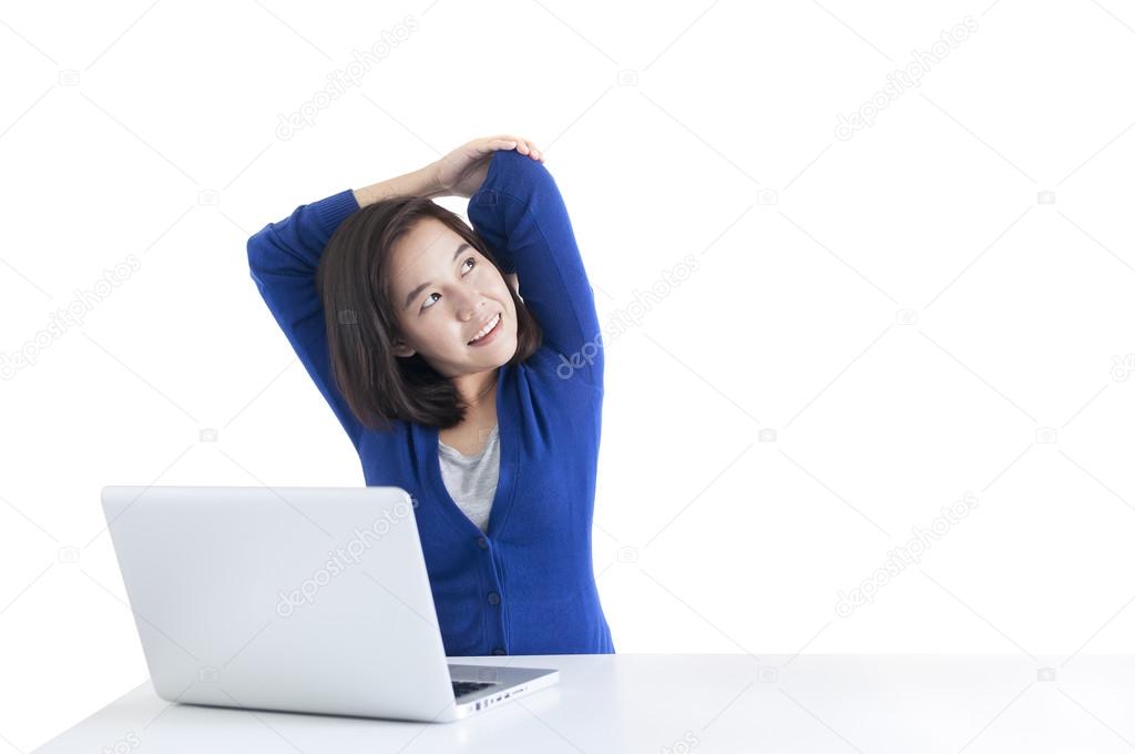 Business woman do stretch with laptop in front