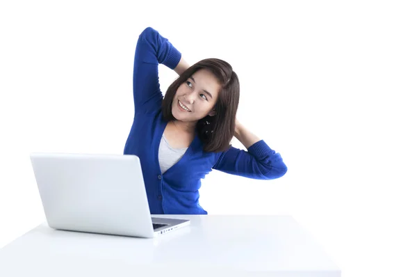 Business woman do stretch with laptop in front — Stock Photo, Image