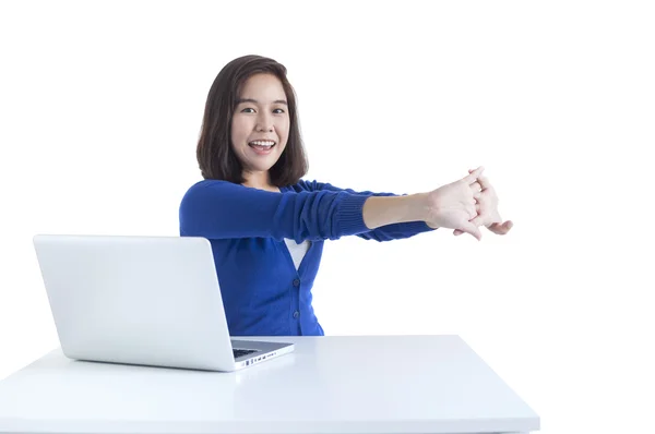 Business woman do stretch with laptop in front — Stock Photo, Image