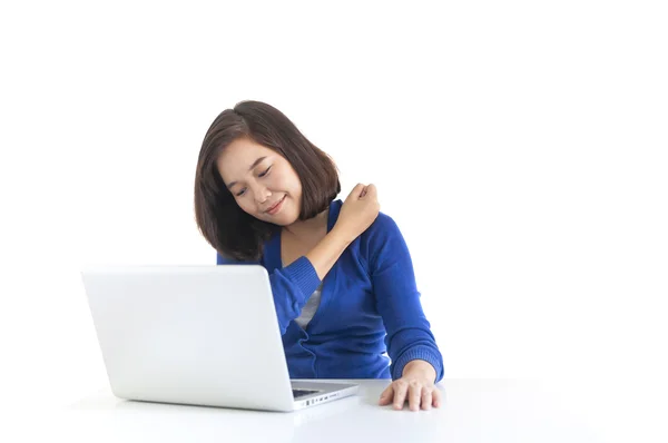 Business woman do stretch with laptop in front — Stock Photo, Image