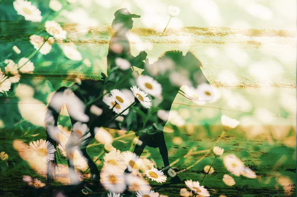 Horse riding with flower field — Stock Photo, Image