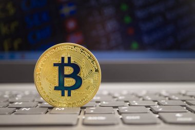 Monitörlerin önünde para bozdurma programı olan bilgisayar klavyesinde Bitcoin var. Dijital veya sanal para birimi zammı kavramı, seçici odak
