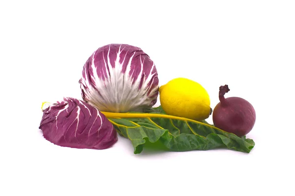 Assortment Fresh Colorful Including Leaf Beet Lemon Radicchio Salad Onion — Stock Photo, Image
