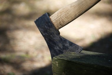 Ahşap saplı eski bir baltaya yakın plan. Doğal ışık ve bulanık arka plan dışarıda çalışma ya da kamp yapmayı öneriyor..