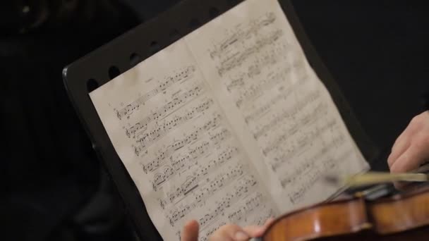 Filmreife Nahaufnahme einer Geigerin, die während eines Konzerts auf der Bühne des klassischen Theaters Geigen spielt und im Hintergrund das Symphonieorchester spielt. — Stockvideo