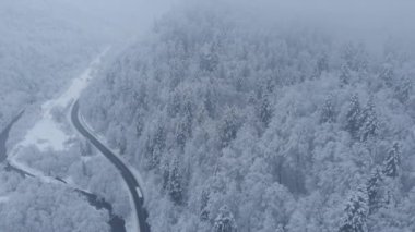 Hayret verici hava aracı görüntüleri: arabalar ve kamyonlar güzel kış dağları ormanlarında tamamen beyaz karla kaplı bir şekilde yol boyunca ilerliyorlar..