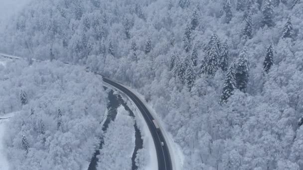 Niesamowite Zdjęcie Drona Powietrza Samochody Ciężarówki Jadą Drogą Pięknych Górach — Wideo stockowe