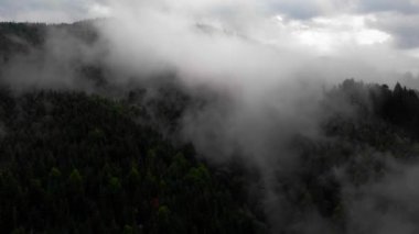 Harika bir hava manzarası. Güzel bir sis içinde yüksek dağların üzerinden uçuyor. Hava kamerası görüntüsü. Hava bulutları. Sis. Buhar.