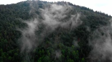 Harika bir hava manzarası. Güzel bir sis içinde yüksek dağların üzerinden uçuyor. Hava kamerası görüntüsü. Hava bulutları. Sis. Buhar.