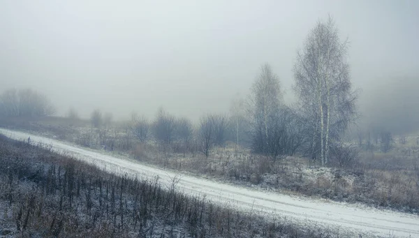 Un camino de tierra cubierto de nieve corre por un barranco escondido en la niebla —  Fotos de Stock