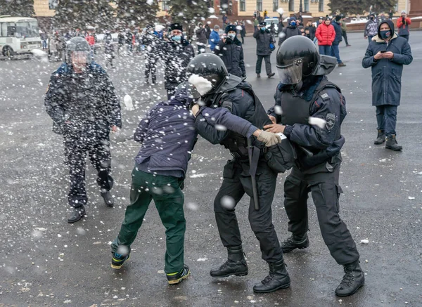 Január 2021 Oroszország Lipeck Rally Támogatja Navalny Rendőrség Keményen Elfogott — Stock Fotó