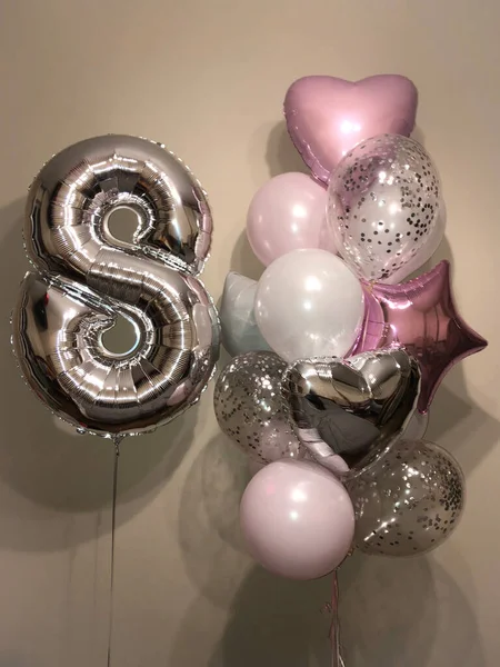 Composição Balões Cromados Rosa Prata Branco Balões Com Confete Prata — Fotografia de Stock
