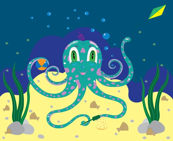 Der Oktopus, den das Kind im Sand spielt. — Stockvektor