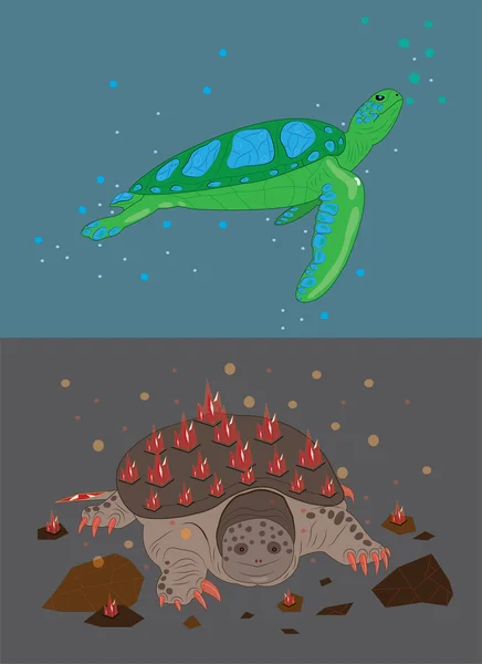 Deniz kaplumbağası turkuaz ve kaymanovy kaplumbağa yakut. — Stok Vektör