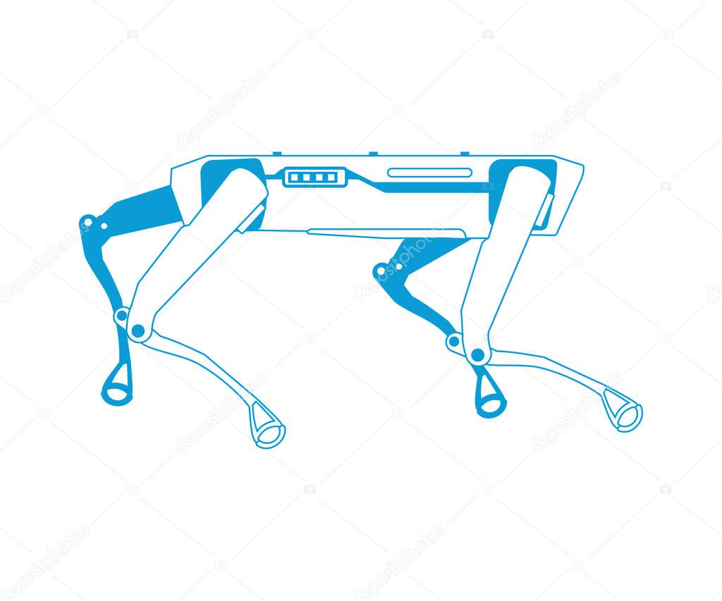 SPOT Robot Dog vector flat graphic illustration. Industrial sensing and remote operation needs. Spot Mini Robot guard in blue color. Innovation in technology. Editable stroke.