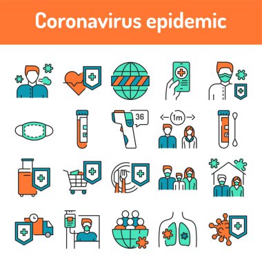 Coronavirus salgını renk çizgisi simgeleri ayarlandı. Web sayfası için piktogramlar, mobil uygulama, tanıtım.