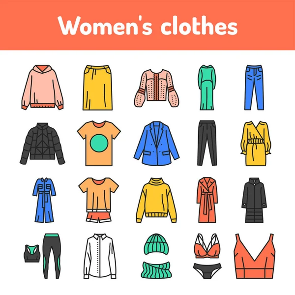 Conjunto de iconos de línea de color de ropa para mujer. Pictogramas para página web, aplicación móvil, promo. — Vector de stock