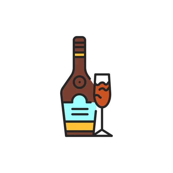 Drank fles en glas kleur lijn pictogram. Alcoholhoudende dranken. — Stockvector