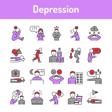 Depresyon renk çizgisi simgeleri ayarlandı. Web sayfası için piktogramlar, mobil uygulama, tanıtım. UI UX GUI tasarım elemanı. Düzenlenebilir vuruş.