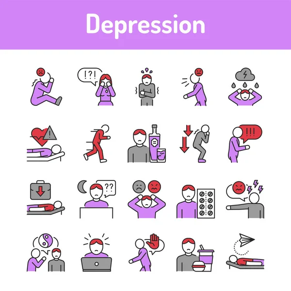 Набор Значков Цветовой Линии Депрессии Пиктограммы Веб Страницы Мобильного Приложения — стоковый вектор