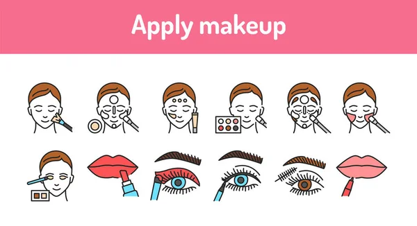 Aplica Juego Iconos Línea Color Maquillaje Pictogramas Para Página Web — Vector de stock