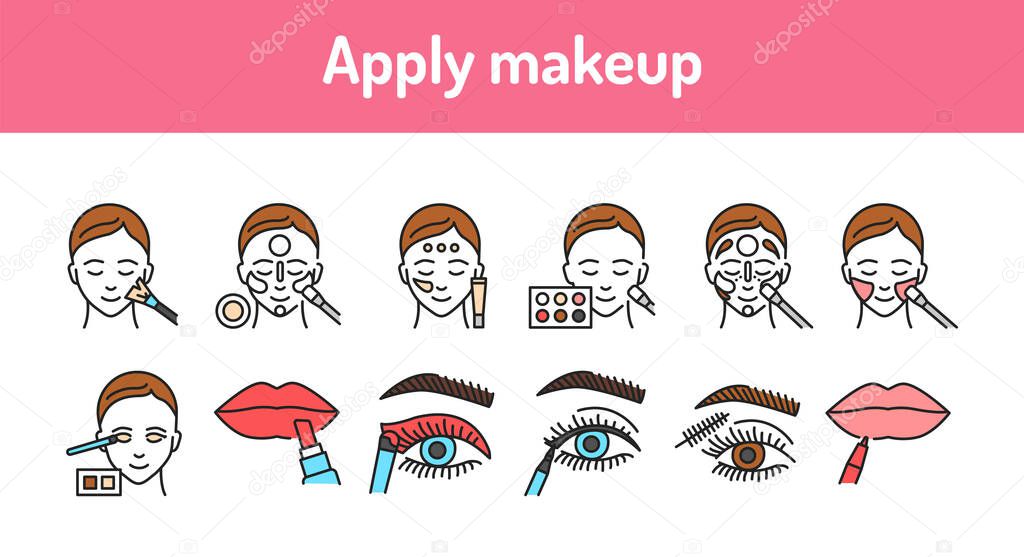 Apply makeup color line icons set. Pictograms for web page, mobile app, promo. UI UX GUI design element. Editable stroke.