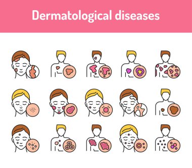 Dermatolojik hastalıklar renk çizgisi simgeleri ayarlandı. Web sayfası için piktogramlar, mobil uygulama, tanıtım.