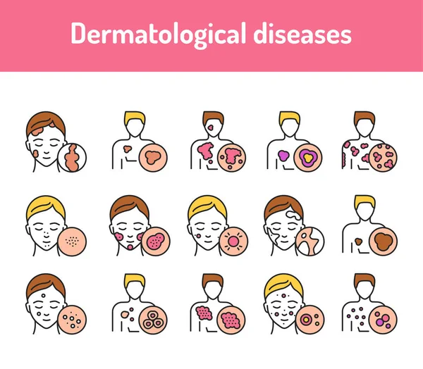 Набір піктограм кольорової лінії дерматологічних захворювань. Піктограми для веб-сторінки, мобільного додатку, просування . — стоковий вектор