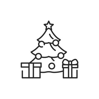 Hediye renk çizgisi ikonuyla süslenmiş Noel ağacı. Parlak ışıklar. Düzenlenebilir vuruş.