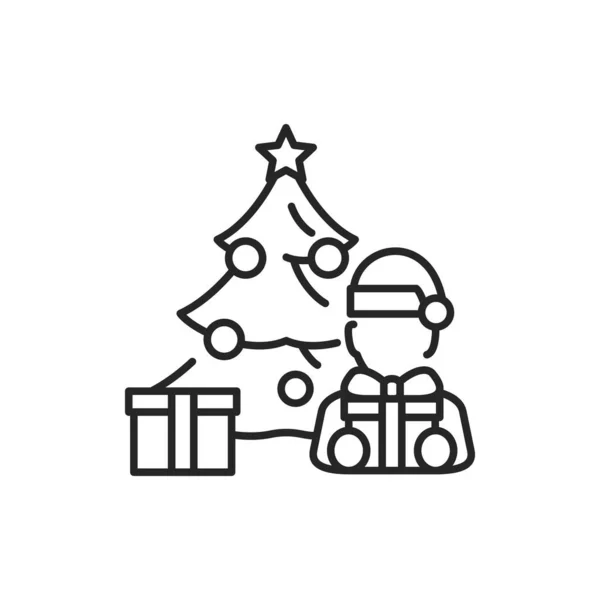 Arbre décoré de Noël et icône de ligne de couleur enfant. Des lumières brillantes. Course modifiable. — Image vectorielle