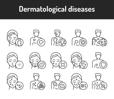 Dermatolojik hastalıklar renk çizgisi simgeleri ayarlandı. Web sayfası için piktogramlar, mobil uygulama, tanıtım. UI UX GUI tasarım elemanı. Düzenlenebilir vuruş.