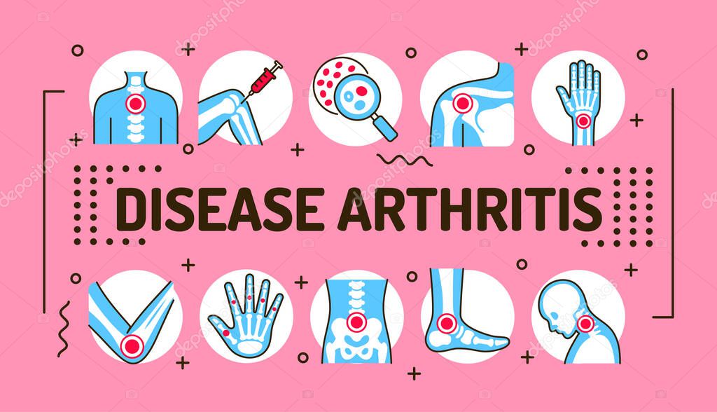 Arthritis disease word lettering typography. Infographics with linear icons on pink background. Creative idea concept. Isolated outline color illustration
